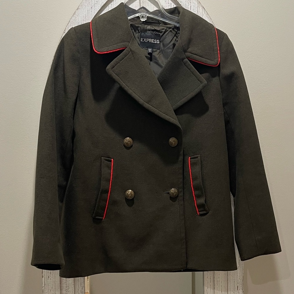 ❌SOLD! Express Women M Double Breasted Pea Coat Jacket Olive Green Red Piping